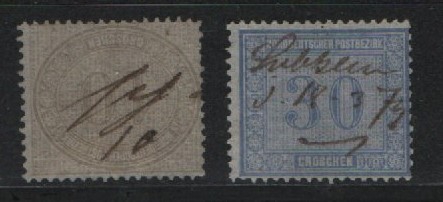 NDP, ca. 1869, Mi.- Nrn.: 25 + 26, je mit Federzugentwertung, Kabinett,- Prachterhaltung