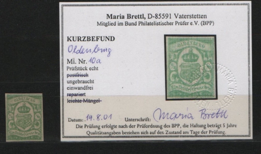 Oldenburg, 1861, Mi.- Nr.: 10 a, *, mit Kurzbefund Brettl BPP! Luxusstück! Selten!