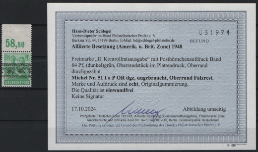 Bizone, 1948, Mi.- Nr.: 52I P OR dgz, OR * (nur kl. Falzrest auf OR) / Marke **, akt. Befund Schlegel BPP! Selten!