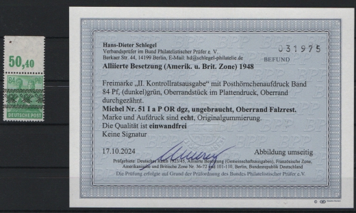 Bizone, 1948, Mi.- Nr.: 52I P OR dgz, OR * (nur kl. Falzrest auf OR) / Marke **, akt. Befund Schlegel BPP! Selten!