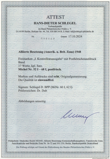 Bizone, 1948, Mi.- Nr.: 52I - 68 I, **, kpl. Satz, mit akt. Fotoattest Schlegel BPP; echt und einwandfrei! Sehr selten!