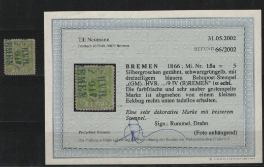 Bremen, 1867, Mi.- Nr.: 15 a, gestempelt, mit besserem Stempel! Befund T. Neumann BPP: e+ ...e! Prachtstück!