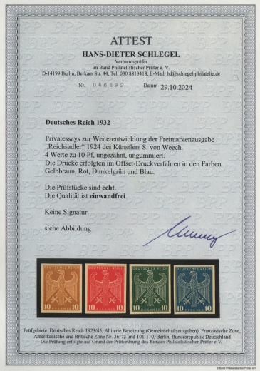 DR, Weimar, 1932, 4 Essays / Probedrucke, je (*) wie produziert, aktuelles Fotoattest Schlegel BPP; e + e! Luxusstücke! Sehr selten!