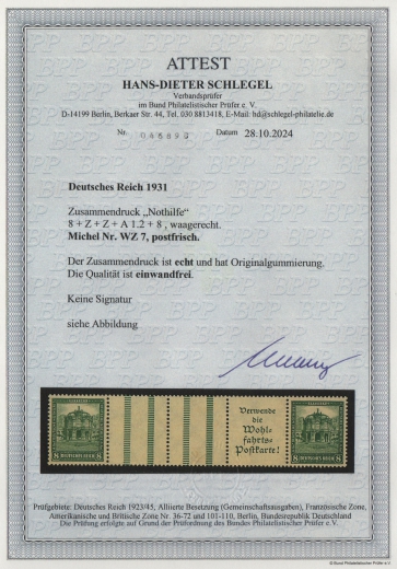 DR, Weimar, 1931, Zusammendruck, Mi.- Nr.: WZ 7, **, aktuelles Fotoattest Schlegel BPP; e + e! Luxusstück! Sehr selten!