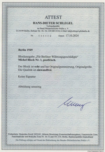 Berlin, 1949, Mi.- Nr.: Bl. 1, postfrisch, mit akt. Fotoattest Schlegel BPP! echt und einwandfrei! Luxusstück! Selten!