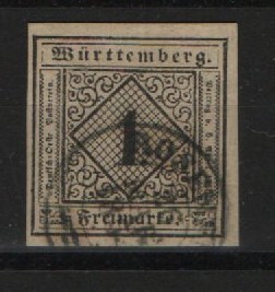 Württemberg, ca. > 1851, Mi.- Nr.: 1a, gestempelt, tiefgeprüft Brettl! Gutes Prachtstück! Selten!