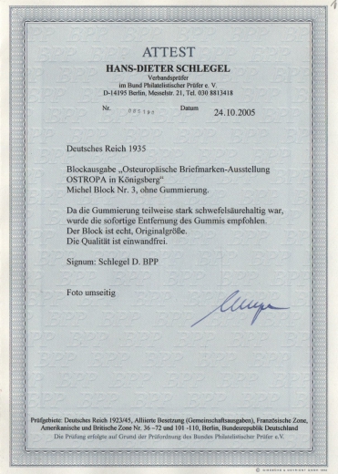 III. Reich, 1935, Mi.- Nr.: Bl. 3, (*)! Fotoattest Schlegel BPP: echt und einwandfrei! Selten!