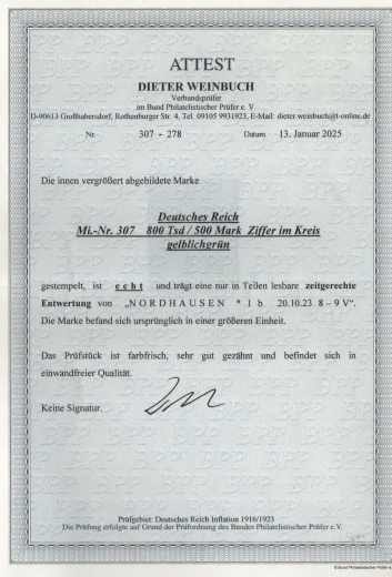 DR, Infla, 1923, Mi.- Nr.: 307, gestempelt, akt. FA Weinbuch BPP: echt und e! Qualitätsstück! Sehr selten!