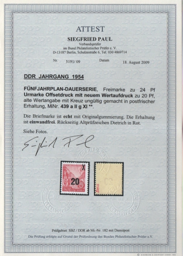 DDR, 1954, Mi.- Nr.: 439 a II g XI, die legendäre Urdruckmarke! **! FA Paul BPP: e+e! Luxusstück! Sehr selten!