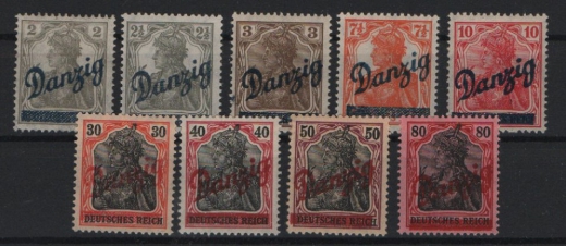 Danzig, 1920, Mi.- Nr.: 32- 40, sogen. kl. Innendienst, */ ungebraucht, teils geprüft / signiert! Selten!