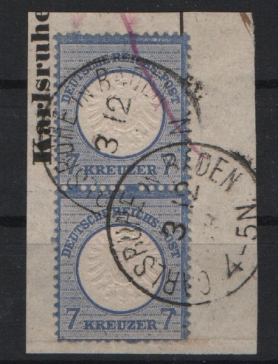 Dt. Kaiserreich, Brustschilder, 1873, Mi.- Nr.: 26 (2x), senkr Paar, auf Briefstück, tiefstgepr. BPP!, Seltenes Luxusstück!