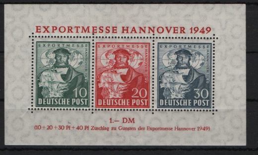 Bizone, 1949, Mi.- Nr.: Bl 1 c, **, doppelt tiefgeprüft Schlegel BPP! Kabinettstück! Selten!