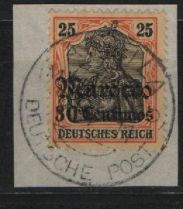 DAP, Marocco, 1911, Mi.- Nr.: 38, auf kl. Briefstück, mit gutem Stempel Arsila! Tiefstgeprüft Pailick BPP! Dekorativ und selten!
