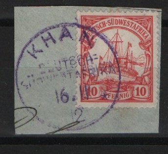 Dt. Kolonien, Stempel, DSWA, 1912, Mi.- Nr.: 26, auf kl. Briefstück! Gestempelt Khan, in violett! Dekorativ und selten!