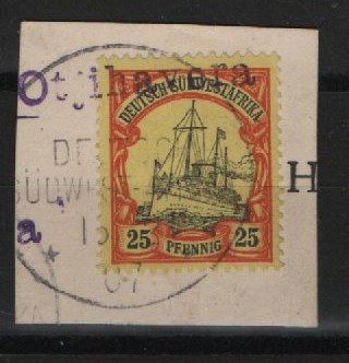 Dt. Kolonien, Stempel, DSWA, 1907, Mi.- Nr.: 15, auf kl. Briefstück! Mit Wanderstempel Otjihavera! Dekorativ und selten!
