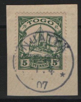 Dt. Kolonien, Stempel, Togo, 1907, Mi.- Nr.: 8, auf kl. Briefstück, gestempelt mit Nuatyä! Selten!