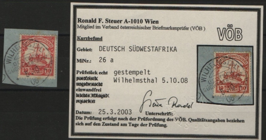 Dt. Kolonien, Stempel, DSWA, 1908, Mi.- Nr.: 26 a, gestempelt Wilhelmsthal! K.- Befund Steuer VÖB; e+e! Selten!