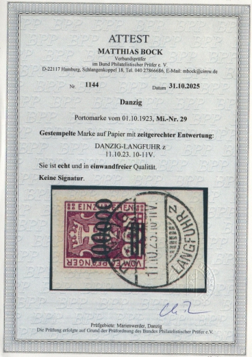 Danzig, 1923, Mi.- Nr.: P 29, auf kl. Briefstück (!), akt. Fotoattest Bock BPP: e+e! Luxusstück! Sehr selten! RR!