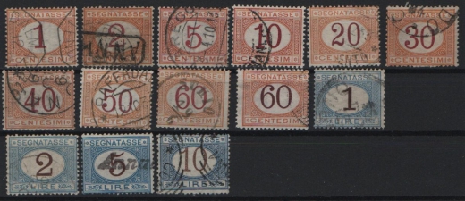 Italien, Portomarken, Mi.- Nrn.: 3- 15, (incl. 10 a + b), gestempelt, selten!