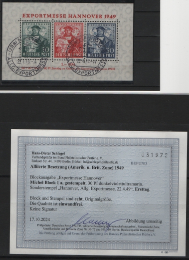 Bizone, 1949, Mi.- Nr.: Bl 1, gestempelt, mit ESST!, akt. Befund Schlegel BPP; e+e! Luxusstück! Selten!