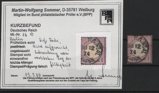 Dt. Kaiserreich, Brustschilder, 1872, Mi.- Nr.: 16, gestempelt! K.- Befund Sommer BPP: e+e! Luxusstück! Selten!