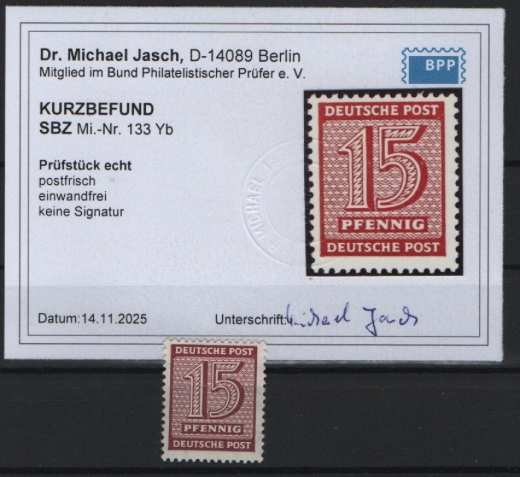 SBZ, West- Sachsen, 1945, Mi.- Nr.: 133 Y b, **, Akt. Kurzbefund Dr. Jasch BPP: e + e! Luxusstück! Selten!
