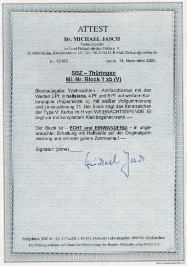 SBZ, Thüringen, 1945, Bl. 1 x b, * / ungebraucht, akt. Fotoattest Dr. Jasch BPP: e + e! Qualitätsstück!  Sehr selten!