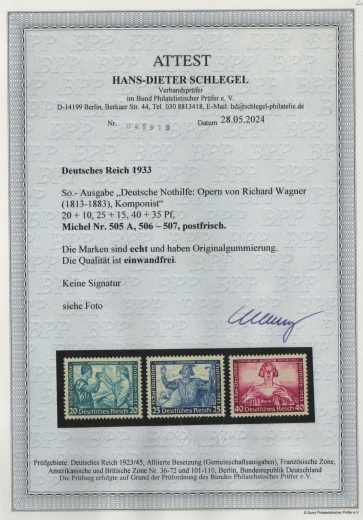 III. Reich, 1933, Mi.- Nrn.: 505A- 507, **, Kurz-Satz, mit akt. Fotoattest Schlegel BPP; echt und einwandfrei! Luxussatz!