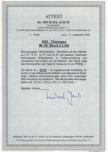 Thüringen, 1945, Bl. 2 x, *, mit akt. Fotoattest Dr. Jasch BPP: echt + ..., e, Prachtstück! Selten!