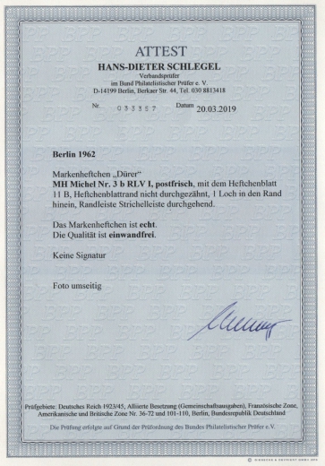 Berlin, 1962, MH´s, Mi.- Nr.: 3 b RLV 1, **, komplett, Fotoattest Schlegel BPP: e + e! Luxusstück!