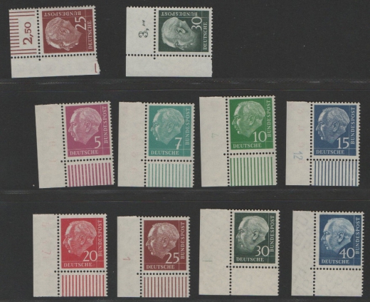 BRD, 1954 / 60, Heuss Lumogen, Mi.- Nrn.: 179yW / 260, je vom / mit ER, teils mit DZ! **! Luxusstücke! Sehr selten!