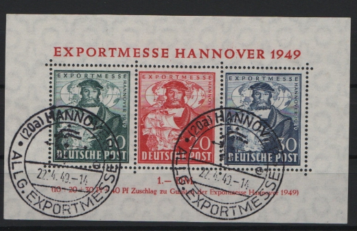 Bizone, 1949, Mi.- Nr.: Bl 1, gestempelt, mit Sonderstempel!, tiefstgeprüft Schlegel BPP! Luxusstück! Selten!