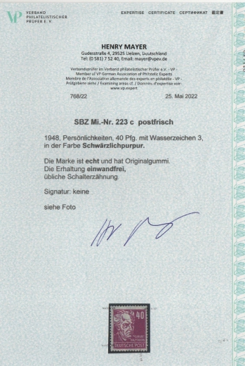 SBZ, Allgemeine Ausgaben, 1948, Mi.- Nr.: 223 c, **, akt. FA Meyer VP: e+e ! Qualitätsstück! Selten!