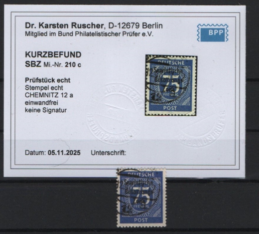 SBZ, Allgemeine Ausgaben, 1948, Mi.- Nr.: 210 c, gestempelt, akt. KB Dr. Ruscher BPP: e+e ! Qualitätsstück! Selten!