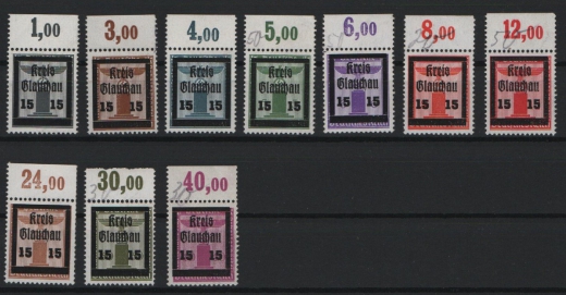 D. - OST, Lokalausgaben, Glauchau, 1945, Mi.- Nrn.: 20- 29, je vom Or! **! FA Dr. Penning BPP! Sehr selten!