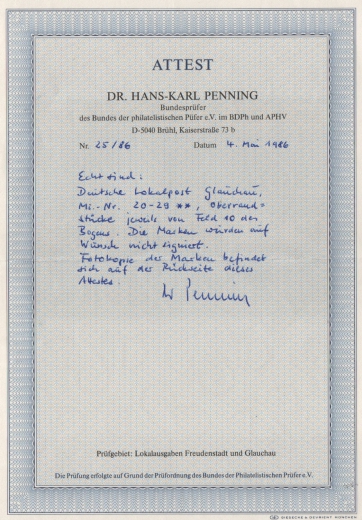 D. - OST, Lokalausgaben, Glauchau, 1945, Mi.- Nrn.: 20- 29, je vom Or! **! FA Dr. Penning BPP! Sehr selten!