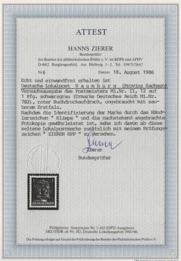 Deutschland- OST, Lokalausgaben, Naumburg, 1945, Mi.- Nr.: II , *, FA Zierer BPP: e+e! Luxusstück! Sehr selten!