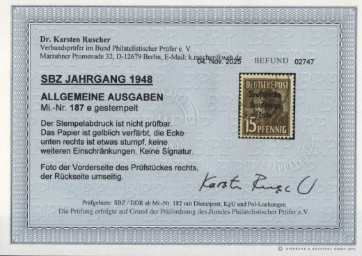 SBZ, Allgem. Ausgaben, 1948, Mi.- Nr.: 187 e, gestempelt (Stempel n. prüfbar), Befund Dr. Ruscher BPP! Bedarfsstück! Selten!