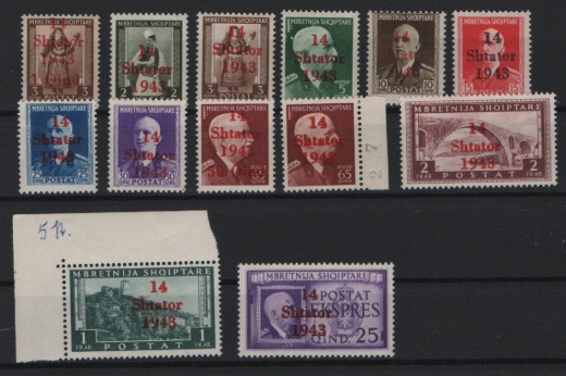 III. Reich, Dt. Bes. II. WK, Albanien, 1943, Mi.- Nrn.: 1- 14 (ohne 13), **, Kabinettsatz! Selten!