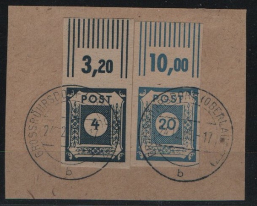 SBZ, Ost- Sachsen, 1945, Mi.- Nrn.: 53b + 54b (je mit Or!), auf Briefstück! Akt. FA Dr. Jasch BPP: e + e! Unikat!