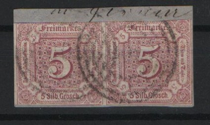 T. + T., > ca. 1859, Mi.- Nr.: 18, horizont. Paar, auf kl. Briefstück gestempelt, alt- Signiert / geprüft! Kabinettstück!