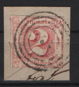 T. + T., > ca. 1859, Mi.- Nr.: 16, auf kl. Briefstück, gestempelt, Kabinettstück!