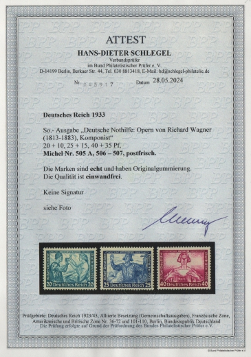 III. Reich, 1933, Mi.- Nrn.: 505A- 507, **, Kurz-Satz, mit akt. Fotoattest Schlegel BPP; echt und einwandfrei! Luxussatz!