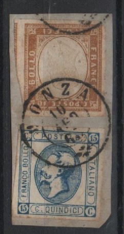 Italien, > 1863, Mi.- Nrn.: 6 + 15 auf kl. Briefstück, gute Bedarfserhaltung