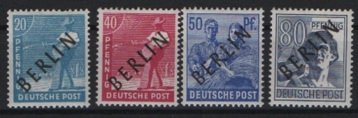 Berlin, 1948, Mi.- Nrn.: 8, 12, 13 + 15, Schwarz- Aufdruck, **, je mit AF I! Tief(st)geprüft Schlegel BPP! Kabinett- Luxus! Selten!