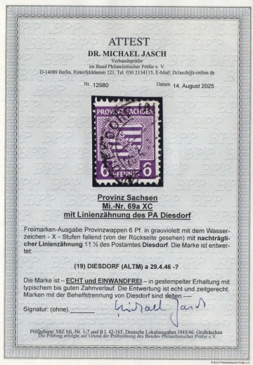 SBZ, Provinz Sachsen, 1945, Mi.- Nr.: 69a XC, gestempelt, akt. Attest Dr. Jasch BPP: e + e! Qualitätsstück! Sehr selten! RRR!