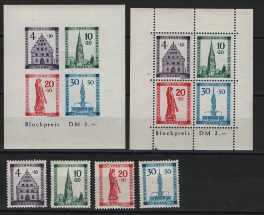 FRZ- Baden, 1949, Mi.- Nrn.: 38 A - 41 A + Bl. 1 A / B, **, Qualitätssatz!