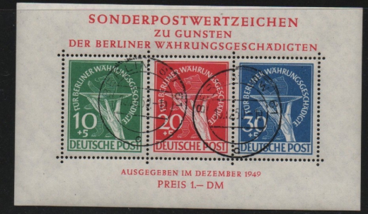 Berlin, 1949, Mi.- Nr.: Bl. 1, gestempelt mit 2 Tagesstempeln (!), mit akt. Fotoattest Schlegel BPP! e+e! Luxusstück!