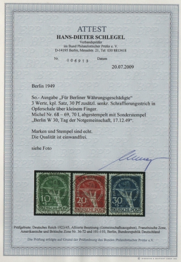 Berlin, 1949, Mi.- Nrn.: 68- 70, Der Währungsgeschädigtensatz gestempelt, FA Schlegel BPP; e+e! Luxussatz!