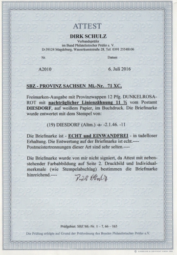 SBZ, Provinz Sachsen, 1945, Mi.- Nr.: 71 XC, gestempelt, F.- Attest Dr. Jasch BPP: e + e! Luxusstück! Sehr selten! RRR!